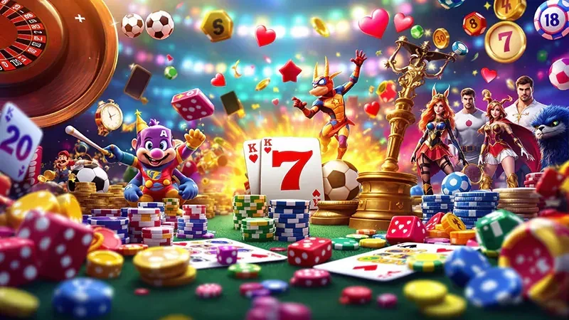 Layar slot berwarna dengan simbol permainan pada beberapa reel
